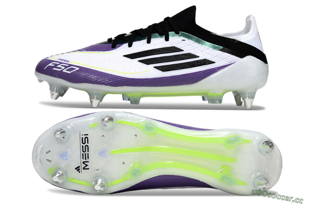 Men's Messi x Adidas F50 Elite SG Soft Ground Low-Tops Football Boots - White/Purple/Black 1