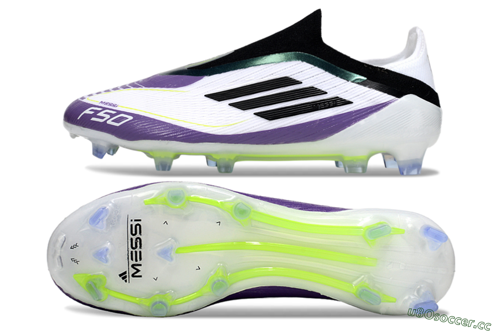 Men's Messi x Adidas F50 Elite Laceless FG Firm Ground Low-Tops Football Boots - White/Purple/Black 1