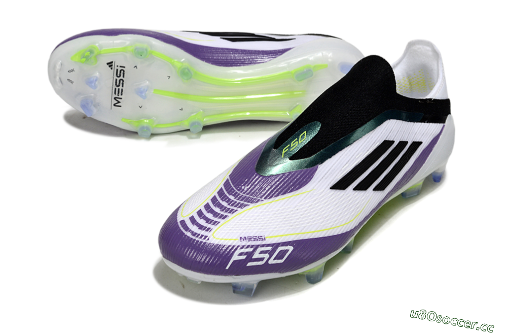 Men's Messi x Adidas F50 Elite Laceless FG Firm Ground Low-Tops Football Boots - White/Purple/Black 3