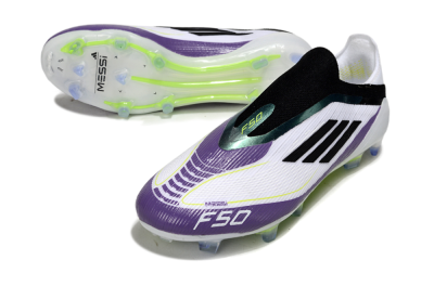 Men's Messi x Adidas F50 Elite Laceless FG Firm Ground Low-Tops Football Boots - White/Purple/Black