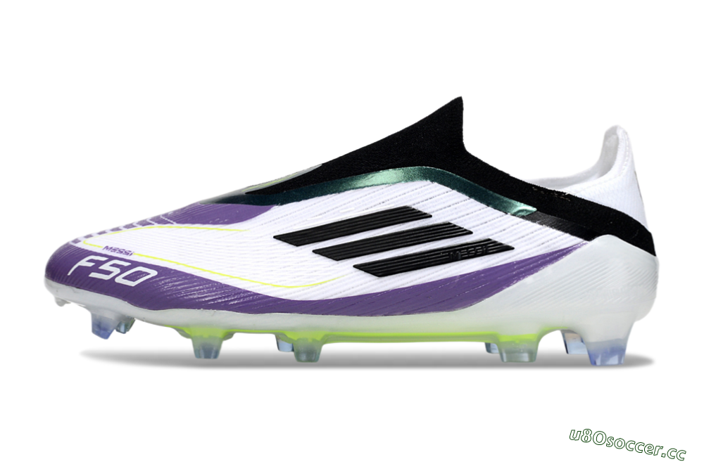 Men's Messi x Adidas F50 Elite Laceless FG Firm Ground Low-Tops Football Boots - White/Purple/Black 0