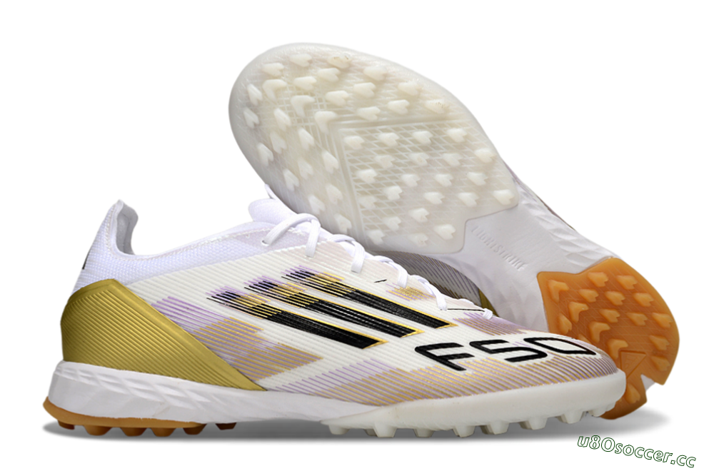 Men's Adidas F50 Pro TF Artificial Turf Low-Tops Football Shoes - White/Black/Gold 2