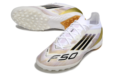Men's Adidas F50 Pro TF Artificial Turf Low-Tops Football Shoes - White/Black/Gold