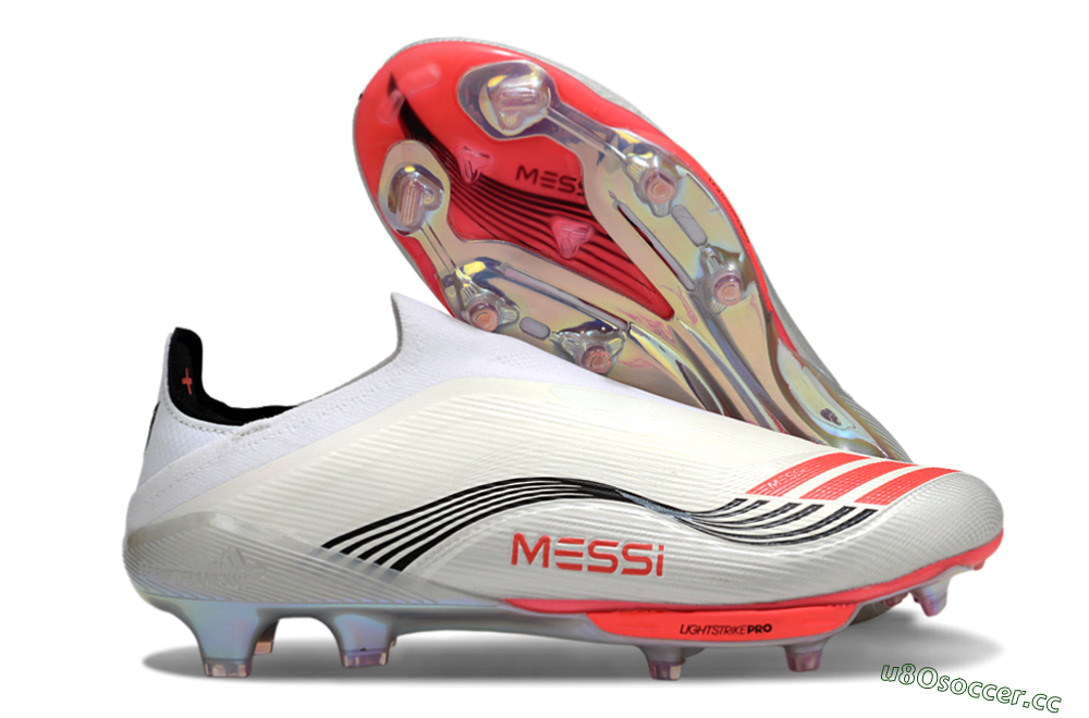 Men's Messi x Adidas F50+ Elite Laceless FG Firm Ground Low-Tops Football Boots - Silver/Red/Black 2