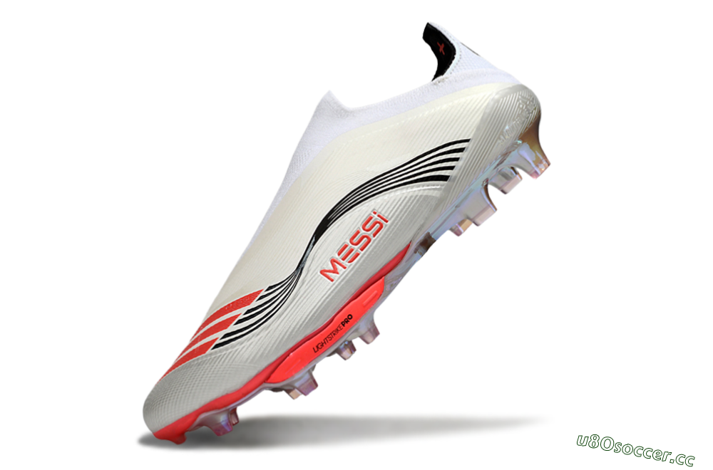 Men's Messi x Adidas F50+ Elite Laceless FG Firm Ground Low-Tops Football Boots - Silver/Red/Black 5