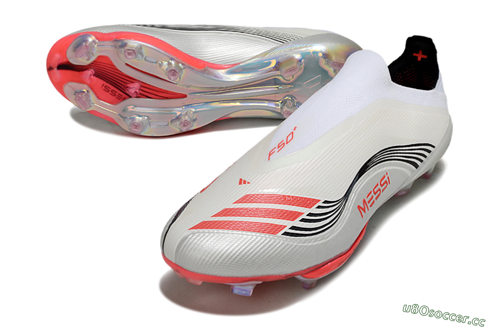 Men's Messi x Adidas F50+ Elite Laceless FG Firm Ground Low-Tops Football Boots - Silver/Red/Black 3