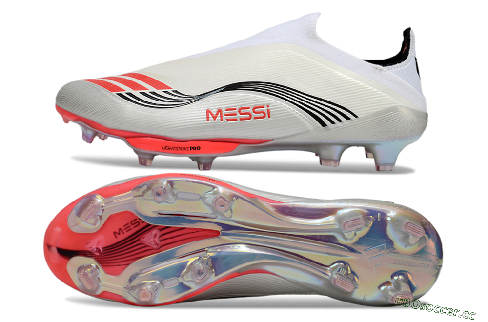 Men's Messi x Adidas F50+ Elite Laceless FG Firm Ground Low-Tops Football Boots - Silver/Red/Black 1