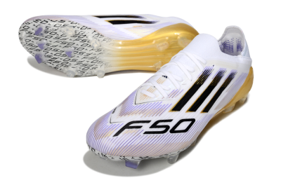 Men's Adidas F50 Elite FG Firm Ground Low-Tops Football Boots - White/Purple/Gold