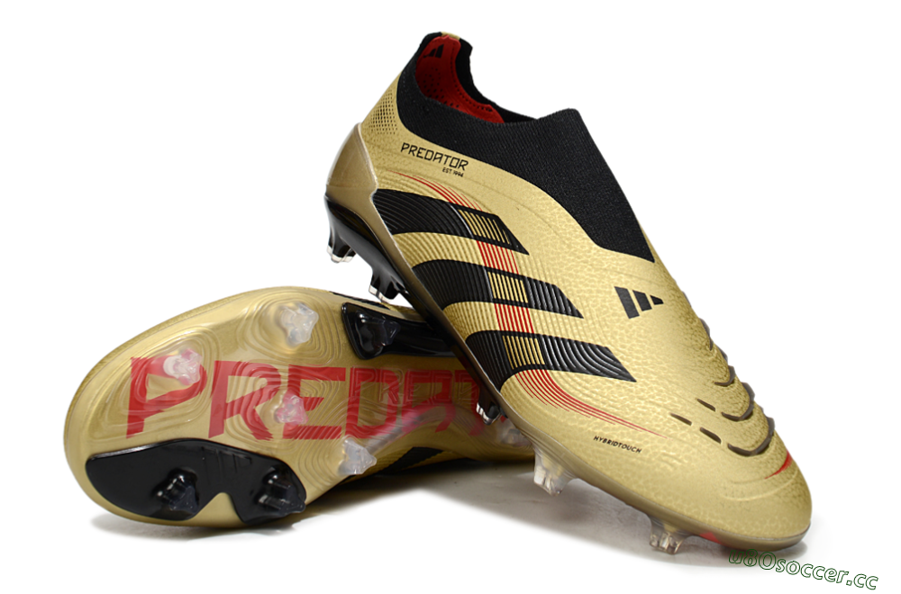 Men's Adidas Predator 25 Elite Laceless FG Firm Ground Low-Tops Football Boots - Gold/Black/Red 3