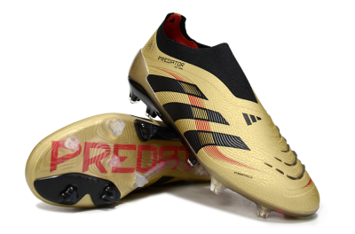 Men's Adidas Predator 25 Elite Laceless FG Firm Ground Low-Tops Football Boots - Gold/Black/Red