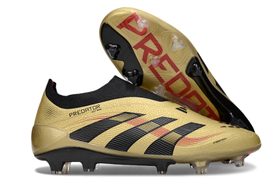 Men's Adidas Predator 25 Elite Laceless FG Firm Ground Low-Tops Football Boots - Gold/Black/Red