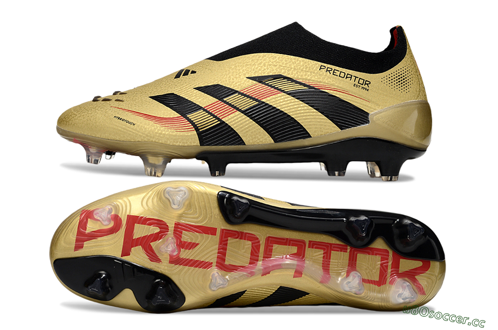 Men's Adidas Predator 25 Elite Laceless FG Firm Ground Low-Tops Football Boots - Gold/Black/Red 1