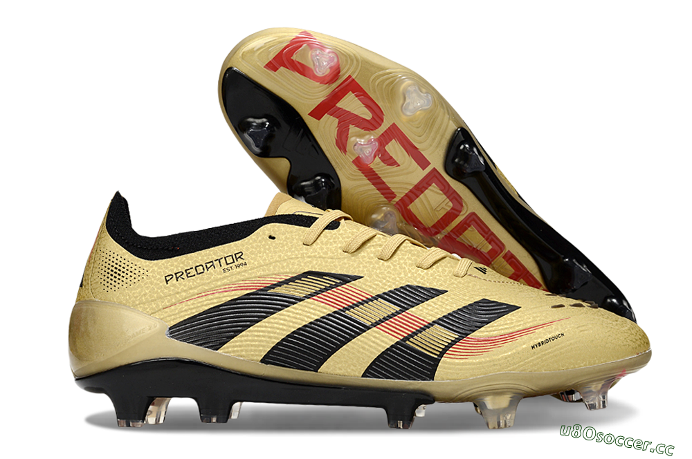 Unisex Adidas Predator 25 Elite FG Firm Ground Low-Tops Football Boots - Gold/Black/Red 2