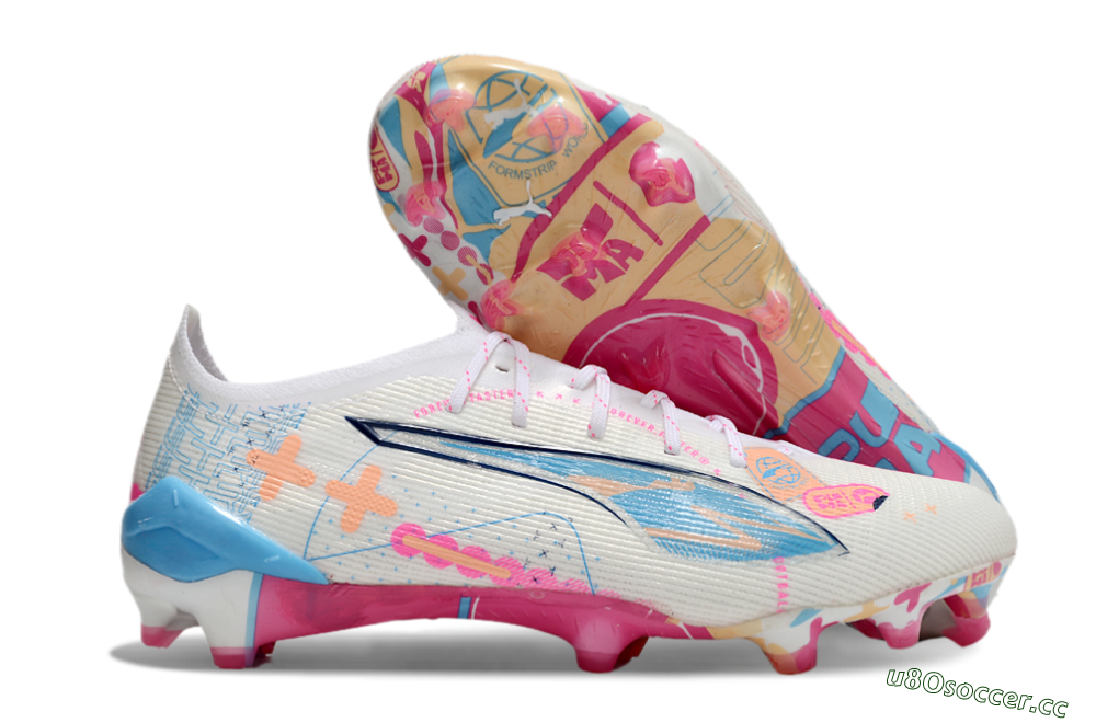 Men's Puma Ultra 5 Ultimate FG Firm Ground Low-Tops Football Boots - White/Pink/Blue 2