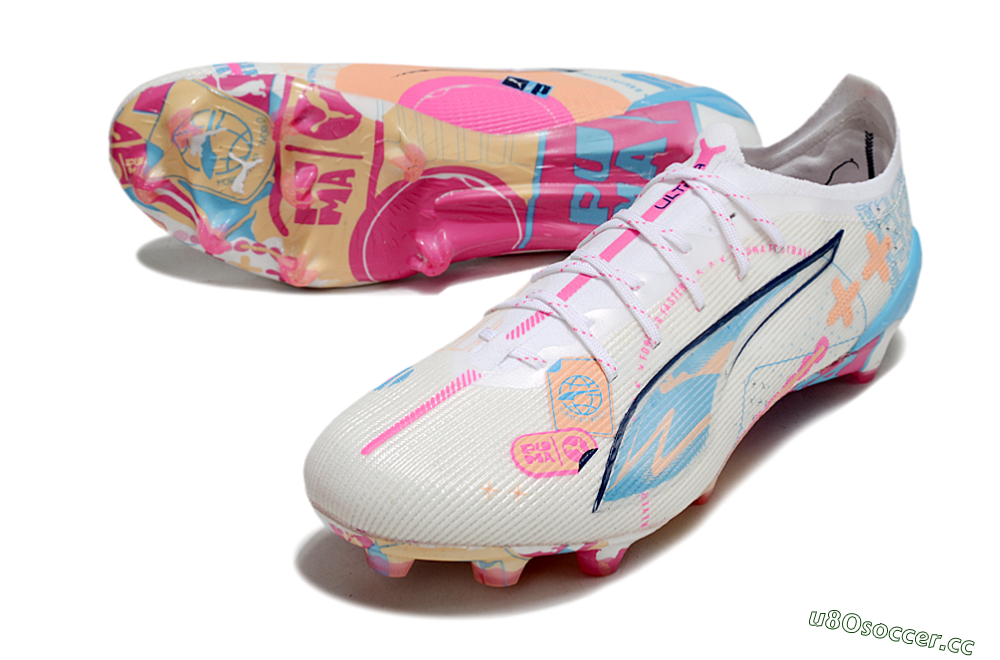 Men's Puma Ultra 5 Ultimate FG Firm Ground Low-Tops Football Boots - White/Pink/Blue 3