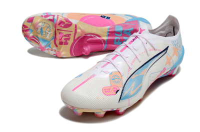 Men's Puma Ultra 5 Ultimate FG Firm Ground Low-Tops Football Boots - White/Pink/Blue