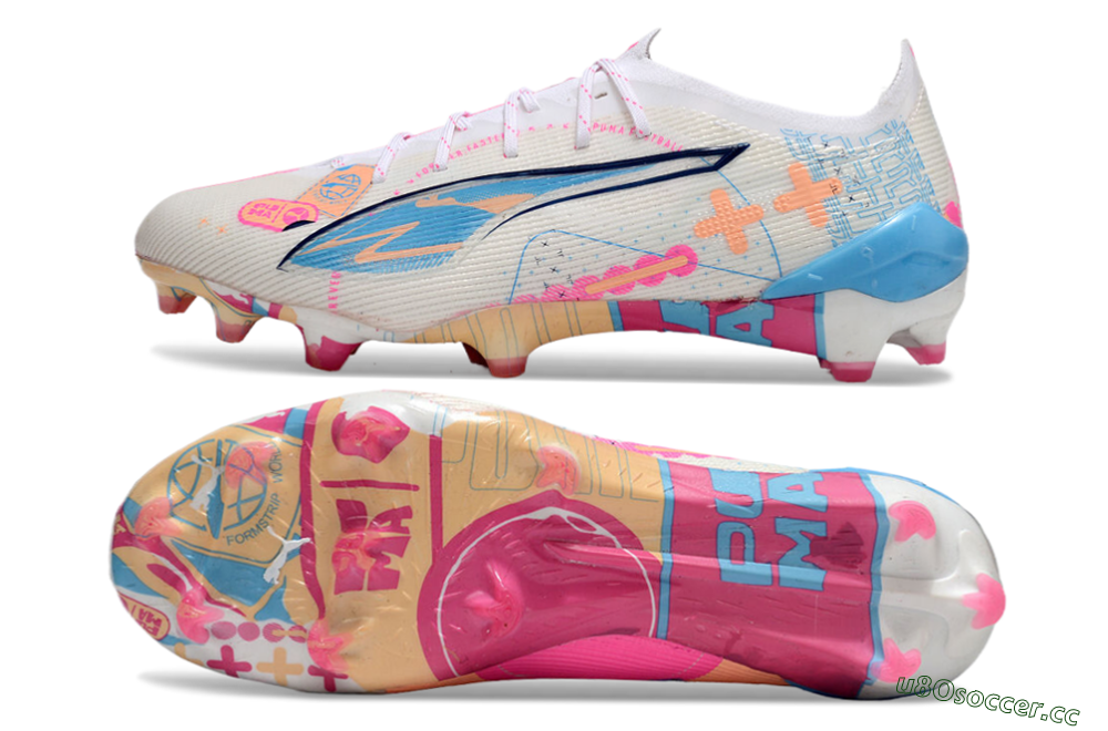 Men's Puma Ultra 5 Ultimate FG Firm Ground Low-Tops Football Boots - White/Pink/Blue 1