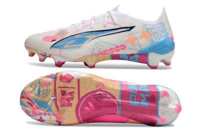Men's Puma Ultra 5 Ultimate FG Firm Ground Low-Tops Football Boots - White/Pink/Blue