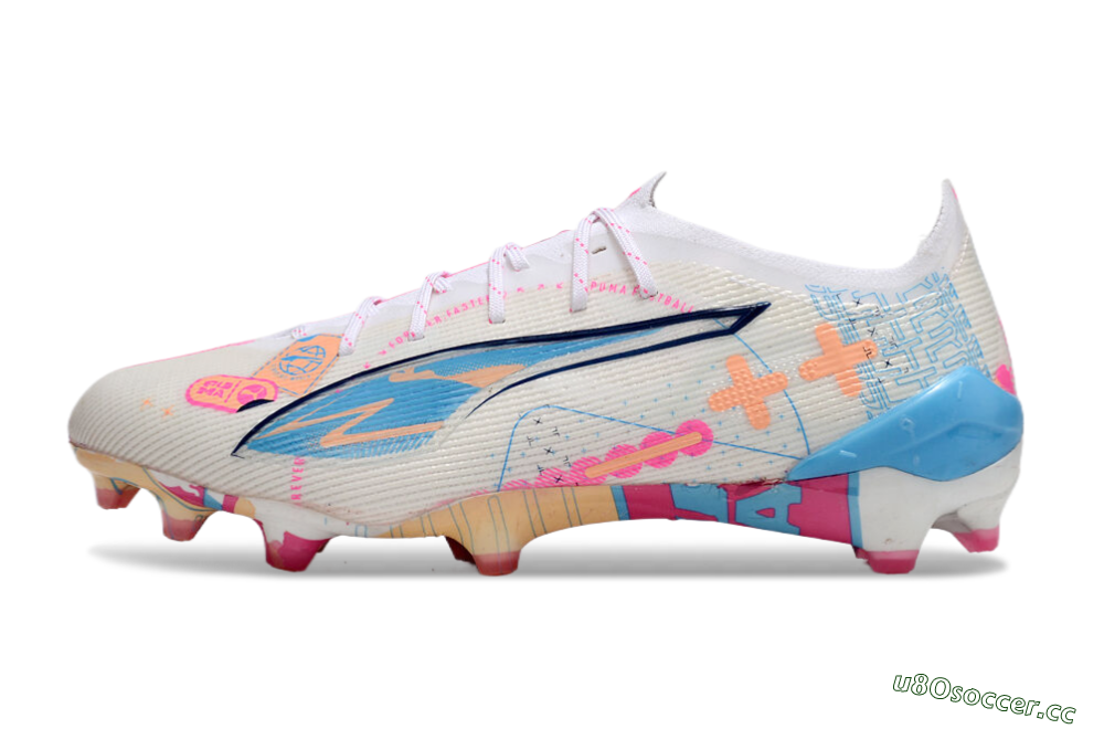 Men's Puma Ultra 5 Ultimate FG Firm Ground Low-Tops Football Boots - White/Pink/Blue 0