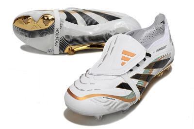 Unisex Adidas Predator 25 Elite Foldover Tongue FG Firm Ground Low-Tops Football Boots - White/Black/Gold