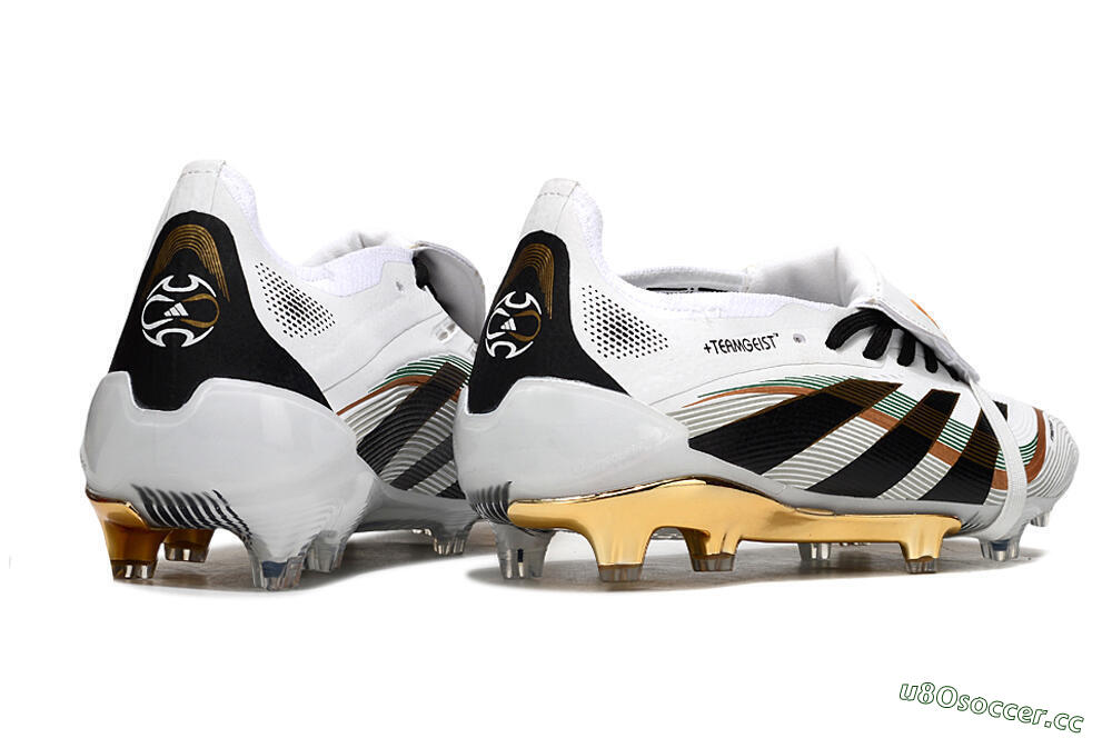 Unisex Adidas Predator 25 Elite Foldover Tongue FG Firm Ground Low-Tops Football Boots - White/Black/Gold 7