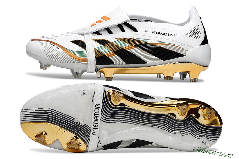 Unisex Adidas Predator 25 Elite Foldover Tongue FG Firm Ground Low-Tops Football Boots - White/Black/Gold 1