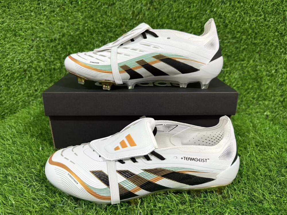 Unisex Adidas Predator 25 Elite Foldover Tongue FG Firm Ground Low-Tops Football Boots - White/Black/Gold