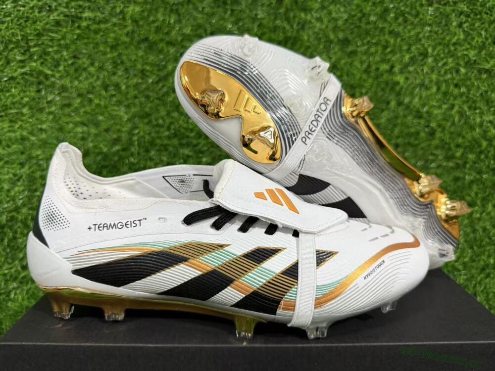 Unisex Adidas Predator 25 Elite Foldover Tongue FG Firm Ground Low-Tops Football Boots - White/Black/Gold
