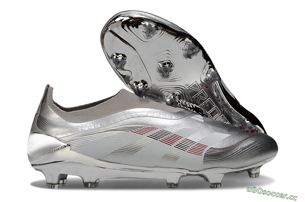 Men's Adidas Predator 25 Elite Laceless FG Firm Ground Low-Tops Football Boots - Silver/Black/Red 2