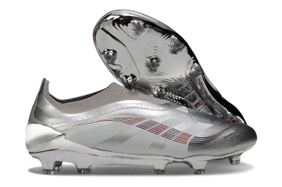 Men's Adidas Predator 25 Elite Laceless FG Firm Ground Low-Tops Football Boots - Silver/Black/Red