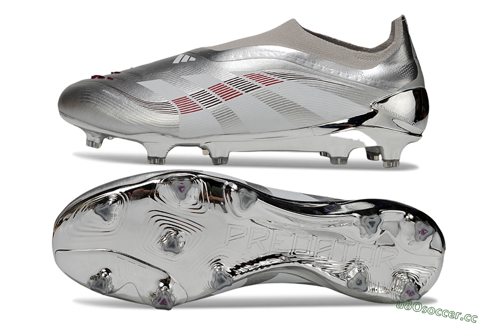 Men's Adidas Predator 25 Elite Laceless FG Firm Ground Low-Tops Football Boots - Silver/Black/Red 1