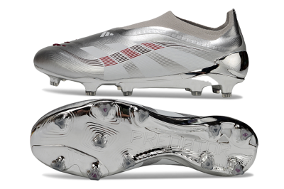 Men's Adidas Predator 25 Elite Laceless FG Firm Ground Low-Tops Football Boots - Silver/Black/Red