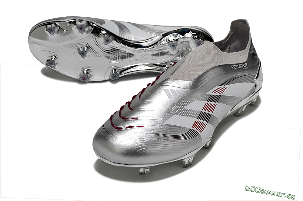 Men's Adidas Predator 25 Elite Laceless FG Firm Ground Low-Tops Football Boots - Silver/Black/Red 3