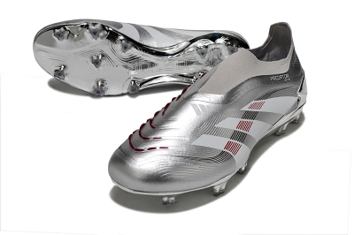 Men's Adidas Predator 25 Elite Laceless FG Firm Ground Low-Tops Football Boots - Silver/Black/Red