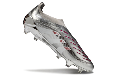 Men's Adidas Predator 25 Elite Laceless FG Firm Ground Low-Tops Football Boots - Silver/Black/Red