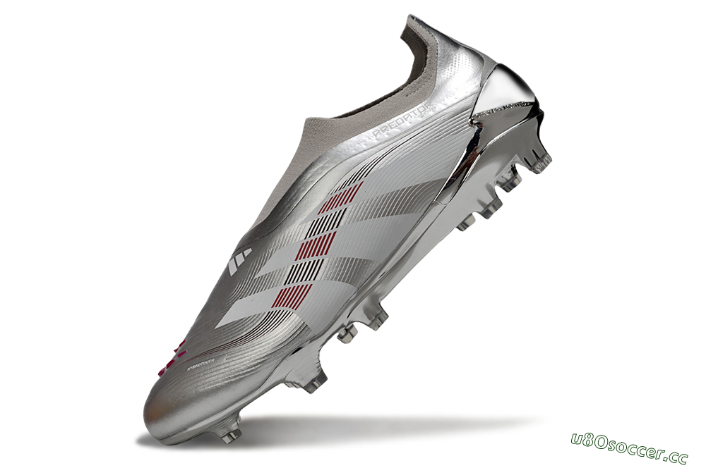 Men's Adidas Predator 25 Elite Laceless FG Firm Ground Low-Tops Football Boots - Silver/Black/Red 5