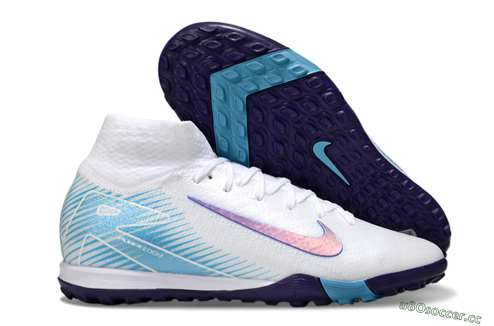 Unisex Nike Air Zoom Mercurial Superfly 10 Elite TF Artificial Turf High-Tops Football Shoes - White/Purple/Blue 2