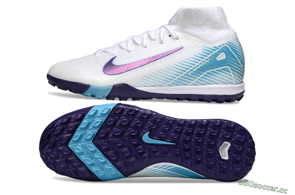 Unisex Nike Air Zoom Mercurial Superfly 10 Elite TF Artificial Turf High-Tops Football Shoes - White/Purple/Blue 1
