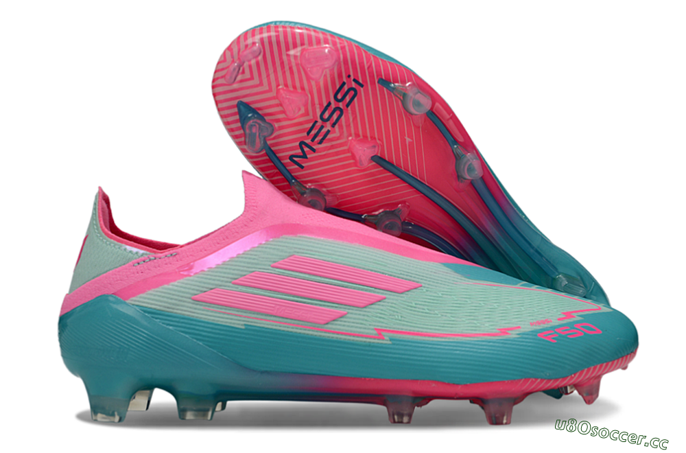 Men's Messi x Adidas F50 Elite Laceless FG Firm Ground Low-Tops Football Boots - Jade/Pink/Blue 2