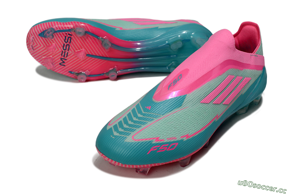 Men's Messi x Adidas F50 Elite Laceless FG Firm Ground Low-Tops Football Boots - Jade/Pink/Blue 3
