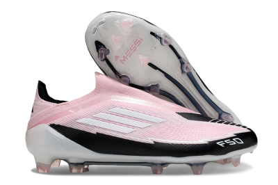 Men's Messi x Adidas F50 Elite Laceless FG Firm Ground Low-Tops Football Boots - Pink/Black/Whtie