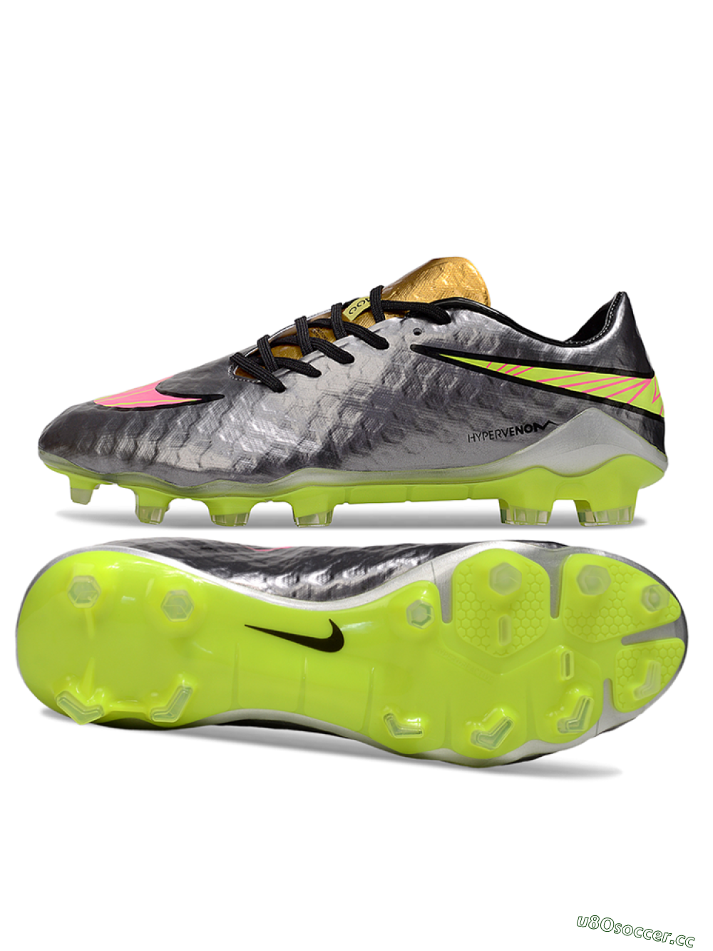 Men's Nike Hypervenom Phantom FG Firm Ground Low-Tops Football Boots - Silver/Yellow/Pink 1