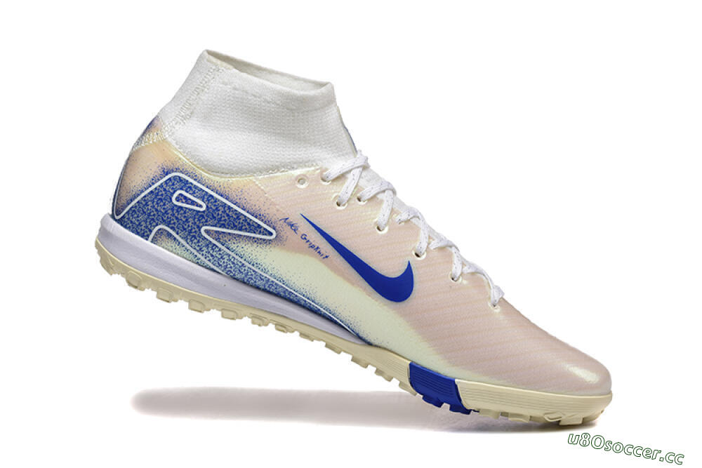 Men's Nike Air Zoom Mercurial Superfly 10 Elite TF Artificial Turf High-Tops Football Shoes - Beige/White/Blue 7