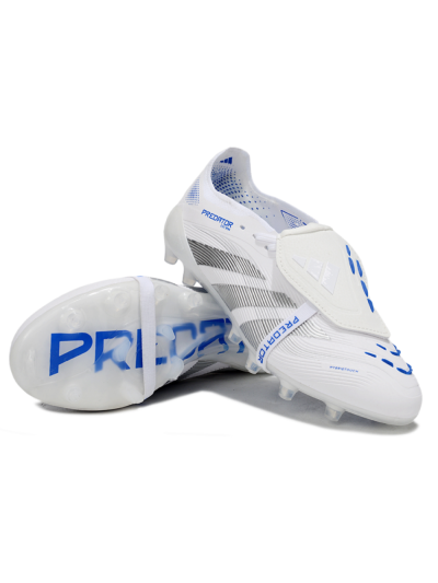 Men's Adidas Predator 25 Foldover Tongue FG Firm Ground Low-Tops Football Boots - White/Silver/Blue