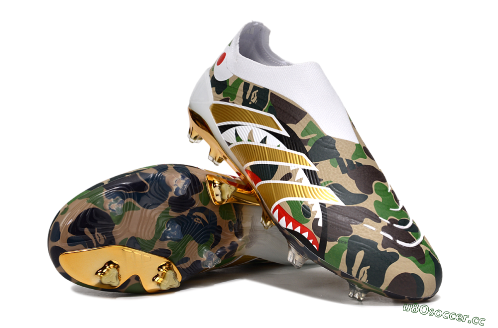 Men's Adidas Predator 25 Elite Laceless FG Firm Ground Low-Tops Football Boots - Camo/White/Gold 3