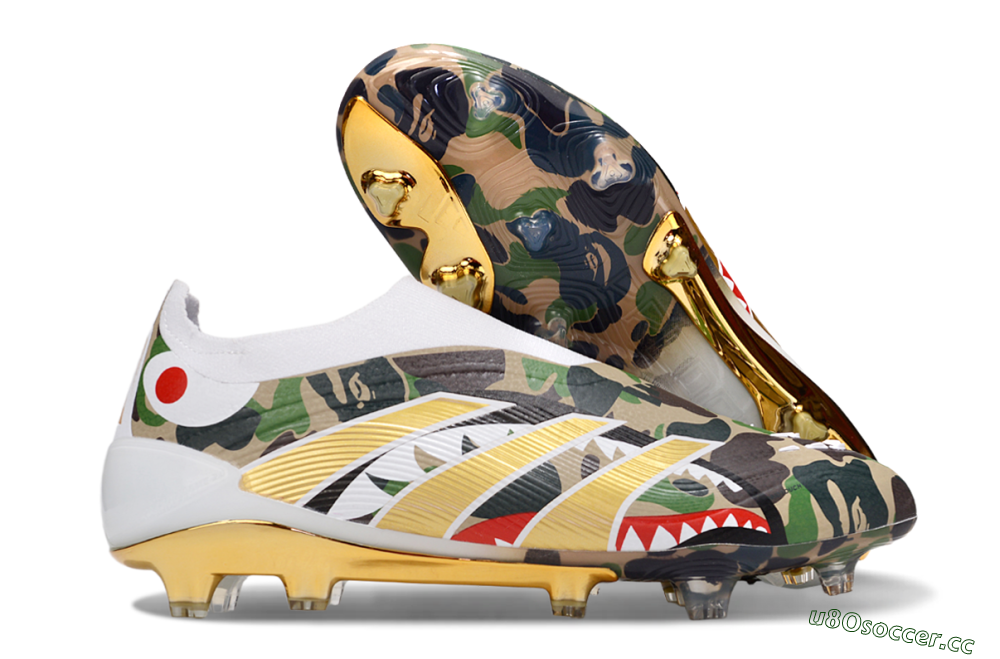Men's Adidas Predator 25 Elite Laceless FG Firm Ground Low-Tops Football Boots - Camo/White/Gold 2