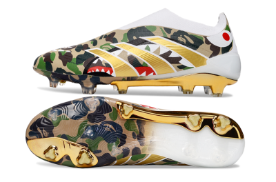 Men's Adidas Predator 25 Elite Laceless FG Firm Ground Low-Tops Football Boots - Camo/White/Gold