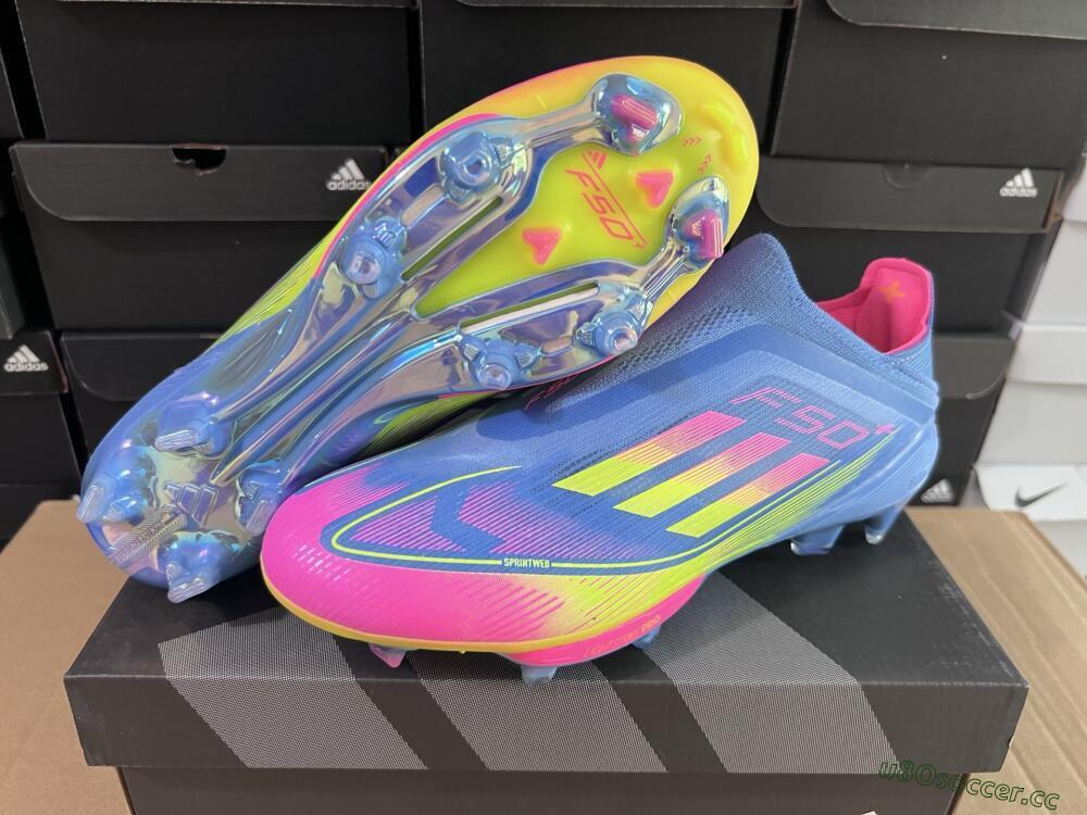 Unisex Adidas F50+ Elite Laceless FG Firm Ground Low-Tops Football Boots - Blue/Yellow/Pink