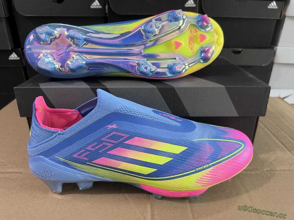 Unisex Adidas F50+ Elite Laceless FG Firm Ground Low-Tops Football Boots - Blue/Yellow/Pink