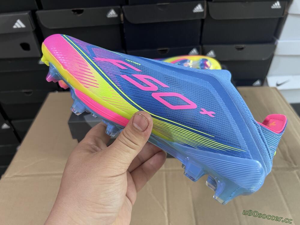 Unisex Adidas F50+ Elite Laceless FG Firm Ground Low-Tops Football Boots - Blue/Yellow/Pink